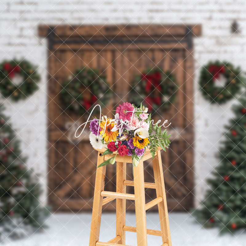 Aperturee - Aperturee White Bricks Wall Wood Door Trees Christmas Backdrop