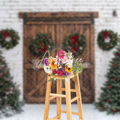 Aperturee - Aperturee White Bricks Wall Wood Door Trees Christmas Backdrop