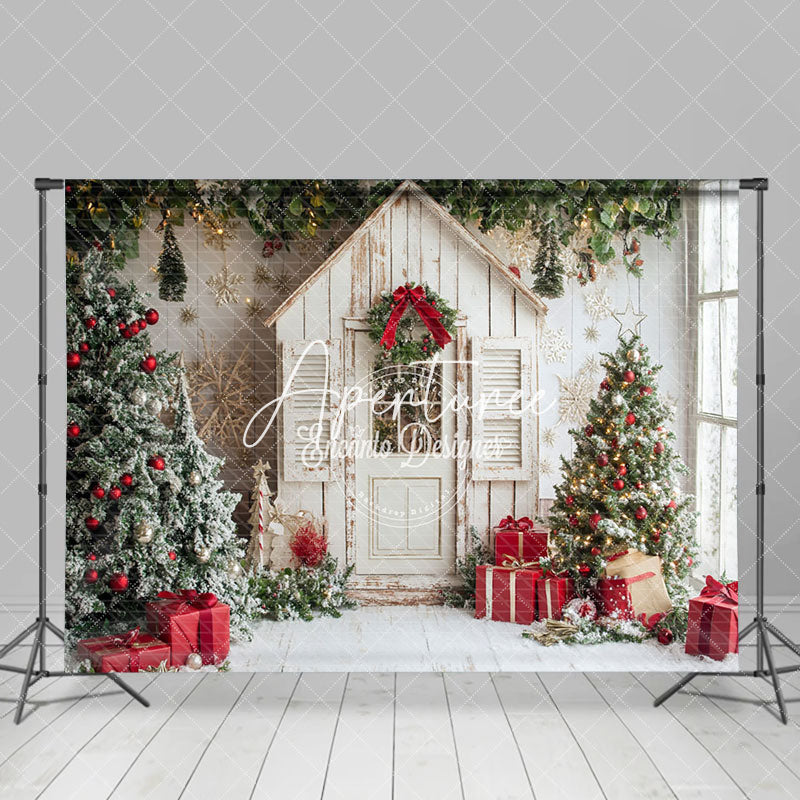 Aperturee - Aperturee White Cabin Christmas Tree Holiday Vibe Backdrop