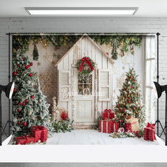 Aperturee - Aperturee White Cabin Christmas Tree Holiday Vibe Backdrop