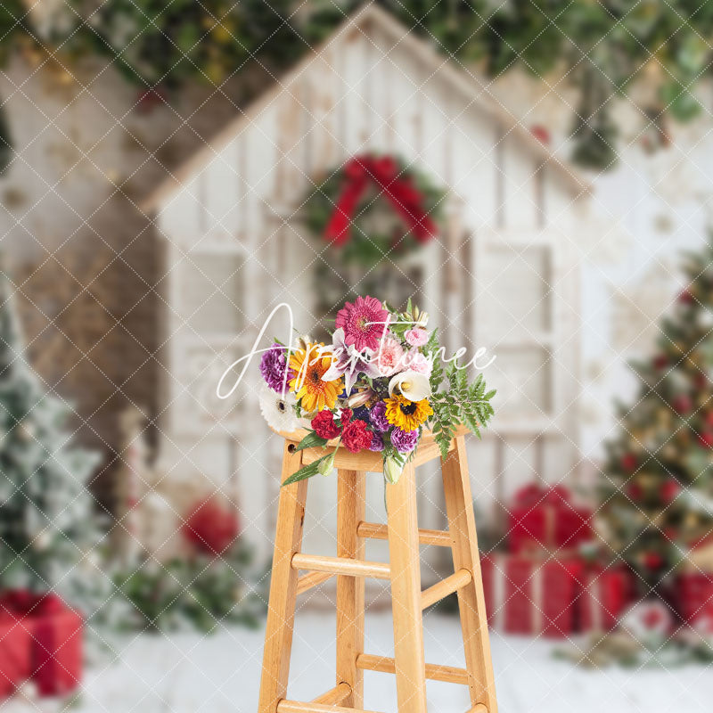 Aperturee - Aperturee White Cabin Christmas Tree Holiday Vibe Backdrop