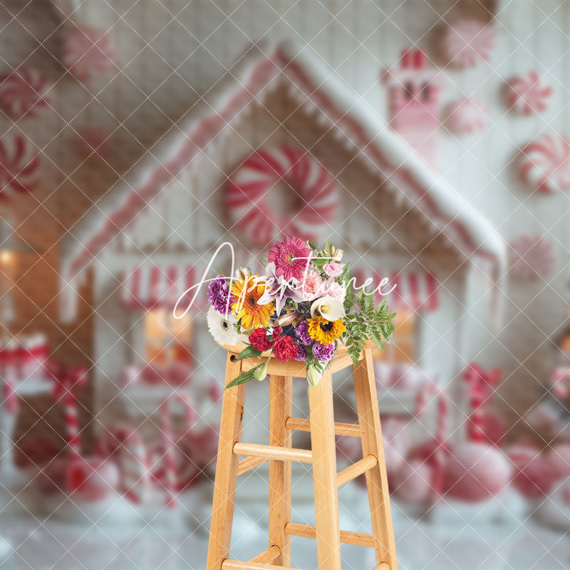 Aperturee - Aperturee White Candy Canes House Snowy Christmas Backdrop