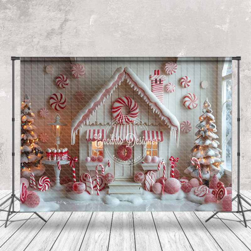 Aperturee - Aperturee White Candy Canes House Snowy Christmas Backdrop