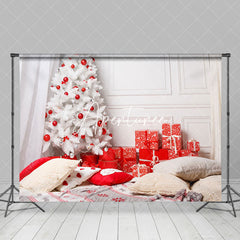 Aperturee - Aperturee White Christmas Tree Red Gift Boxes Pillow Backdrop