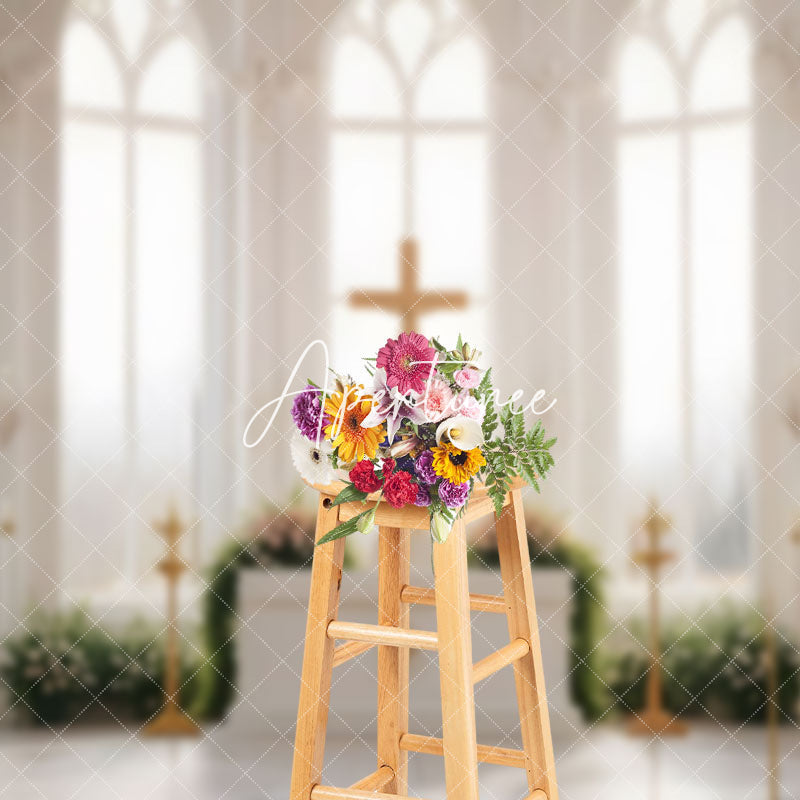 Aperturee - Aperturee White Church Cross Greenery Floral Wedding Backdrop