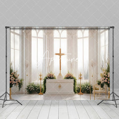 Aperturee - Aperturee White Church Cross Greenery Floral Wedding Backdrop