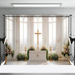 Aperturee - Aperturee White Church Cross Greenery Floral Wedding Backdrop