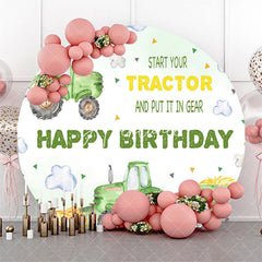 Aperturee - Aperturee White Cloud Green Tractor Round Birthday Backdrop