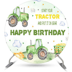 Aperturee - Aperturee White Cloud Green Tractor Round Birthday Backdrop