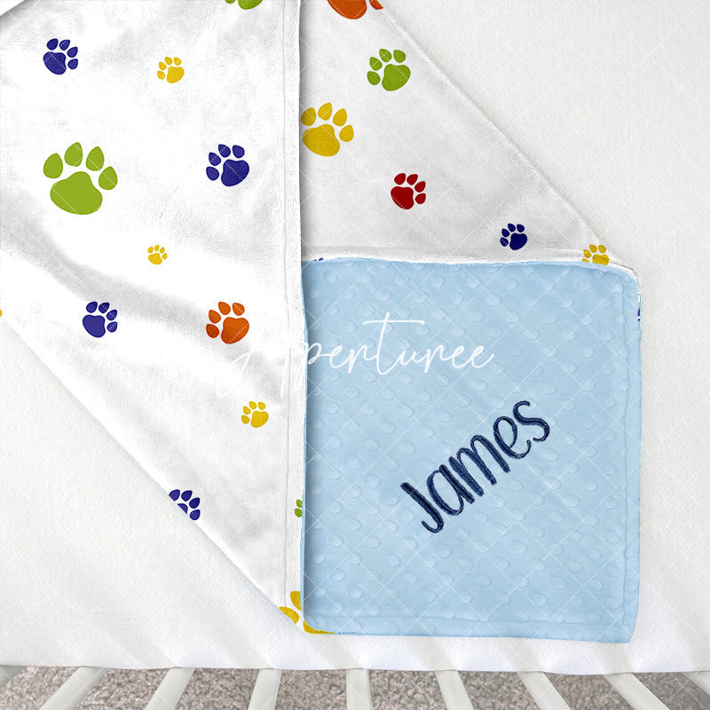 Aperturee - Aperturee White Colorful Cute Paw Print Minky Baby Blanket