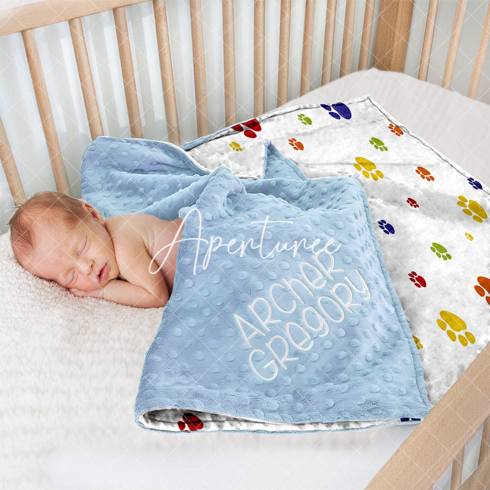 Aperturee - Aperturee White Colorful Cute Paw Print Minky Baby Blanket