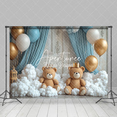 Aperturee - Aperturee White Cotton Cloud Balloons Bear Cake Smash Backdrop