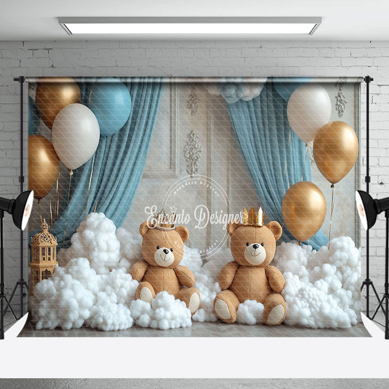 Aperturee - Aperturee White Cotton Cloud Balloons Bear Cake Smash Backdrop