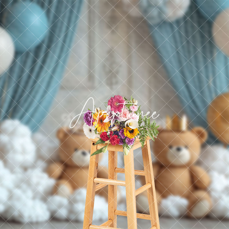 Aperturee - Aperturee White Cotton Cloud Balloons Bear Cake Smash Backdrop