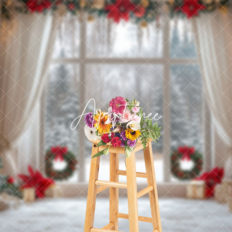 Aperturee - Aperturee White Curtain Christmas Trees Window Scene Backdrop