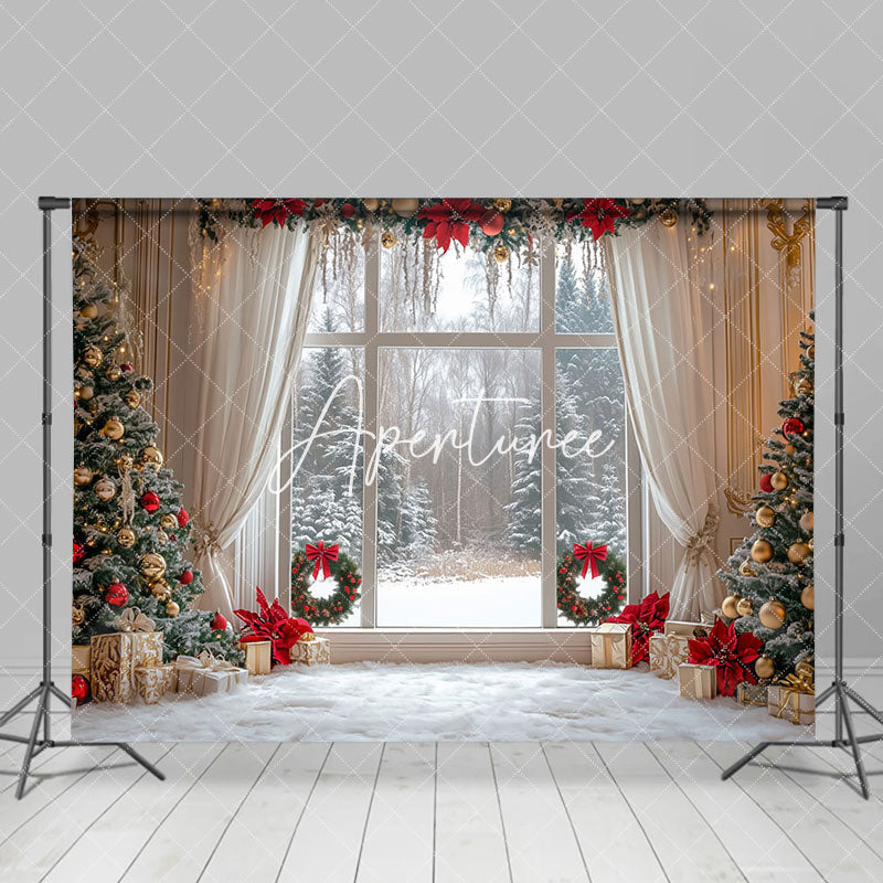 Aperturee - Aperturee White Curtain Christmas Trees Window Scene Backdrop