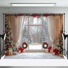 Aperturee - Aperturee White Curtain Christmas Trees Window Scene Backdrop