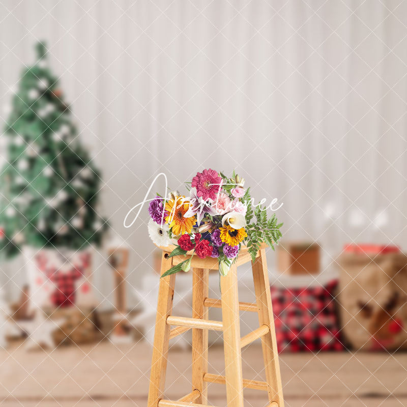 Aperturee - Aperturee White Curtain Trees Tatami Pillow Christmas Backdrop