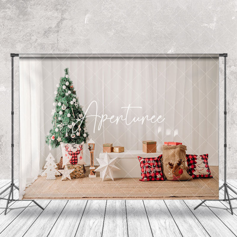 Aperturee - Aperturee White Curtain Trees Tatami Pillow Christmas Backdrop