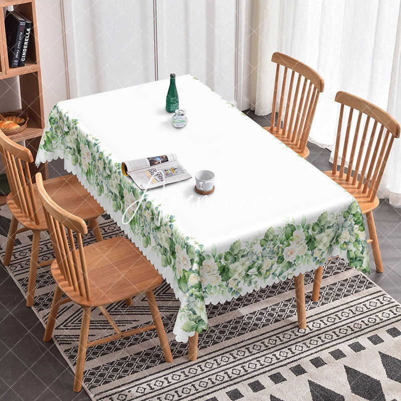 Aperturee - Aperturee White Edge Green Floral Rectangle Tablecloth