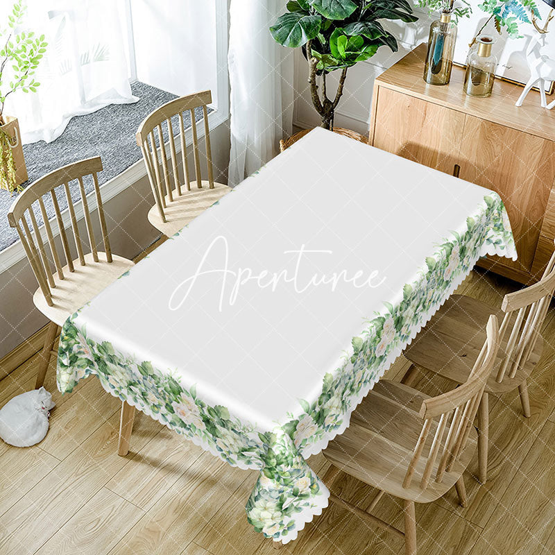 Aperturee - Aperturee White Edge Green Floral Rectangle Tablecloth