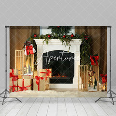 Aperturee - Aperturee White Elegant Fireplace Wreath Christmas Backdrop