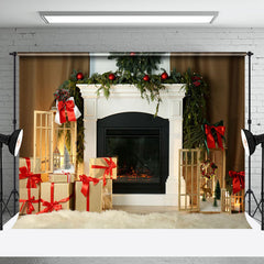 Aperturee - Aperturee White Elegant Fireplace Wreath Christmas Backdrop