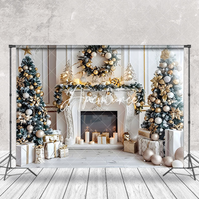 Aperturee - Aperturee White Fireplace Candles Silver Garland Xmas Backdrop