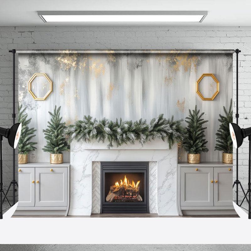 Aperturee - Aperturee White Fireplace House Indoor Winter Christmas Backdrop