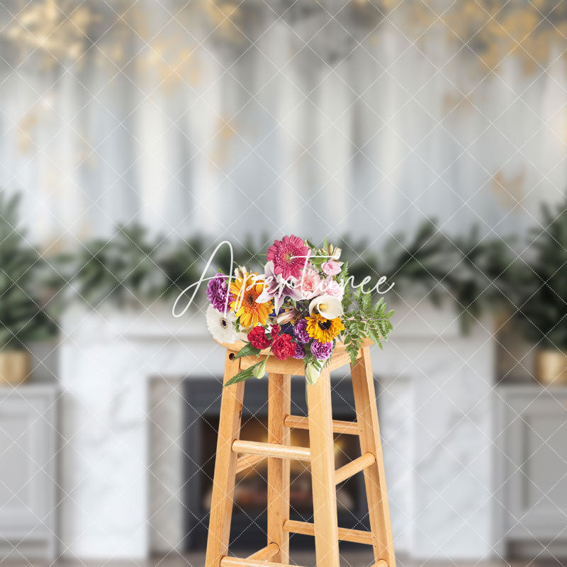 Aperturee - Aperturee White Fireplace House Indoor Winter Christmas Backdrop