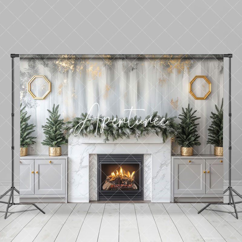 Aperturee - Aperturee White Fireplace House Indoor Winter Christmas Backdrop