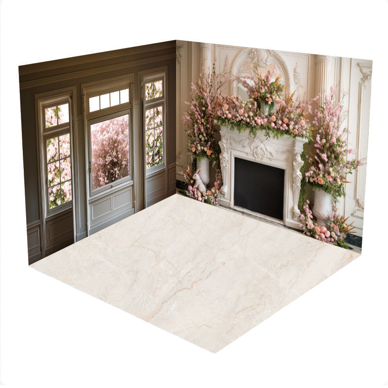 Aperturee - Aperturee White Fireplace Pink Floral Sping Window Room Set