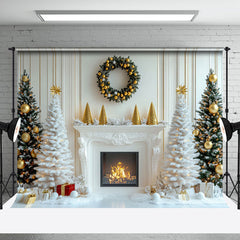 Aperturee - Aperturee White Fireplace Tree Indoor Christmas Photo Backdrop