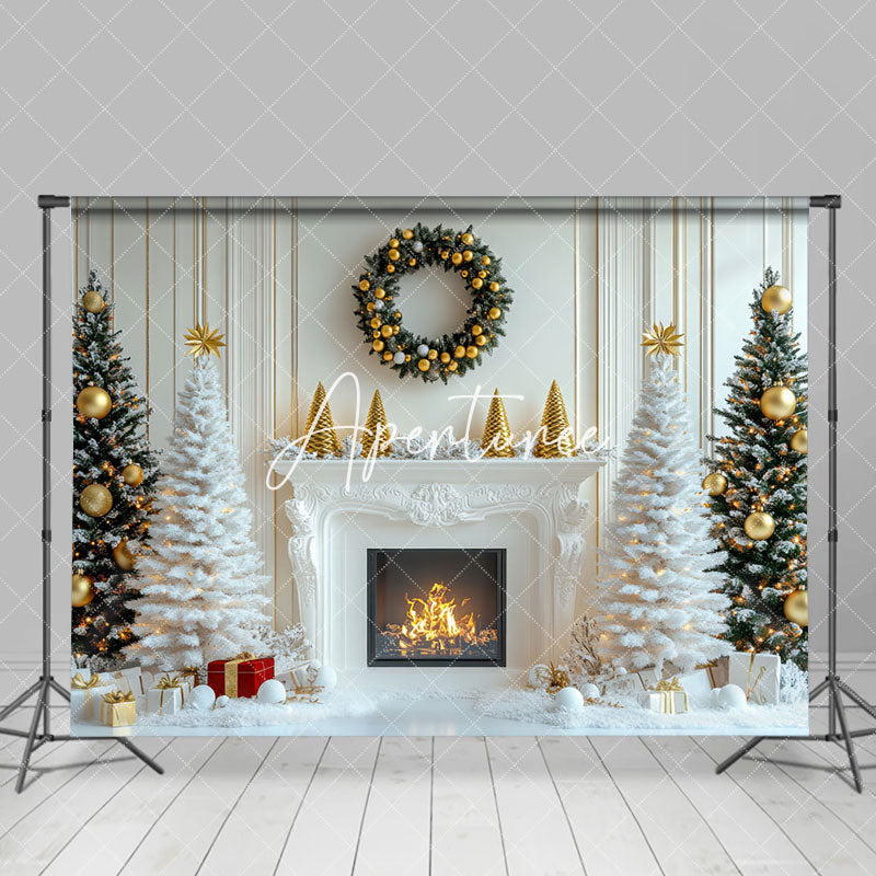 Aperturee - Aperturee White Fireplace Tree Indoor Christmas Photo Backdrop