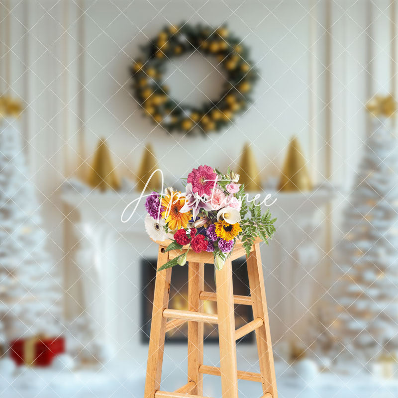 Aperturee - Aperturee White Fireplace Tree Indoor Christmas Photo Backdrop