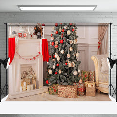 Aperturee - Aperturee White Fireplace Wall Pine Tree Christmas Backdrop