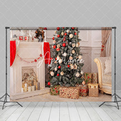 Aperturee - Aperturee White Fireplace Wall Pine Tree Christmas Backdrop