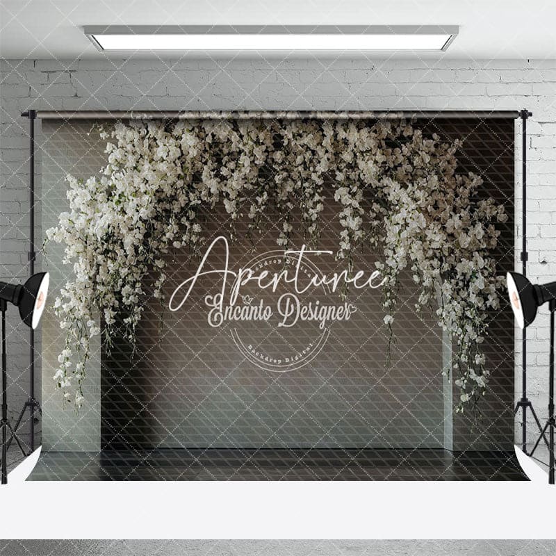 Aperturee - Aperturee White Floral Arch Grey Wall Wedding Photo Backdrop