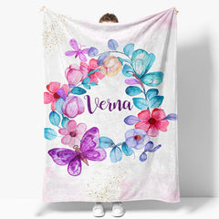 Aperturee - Aperturee White Floral Gold Glitter Custom Name Baby Blanket