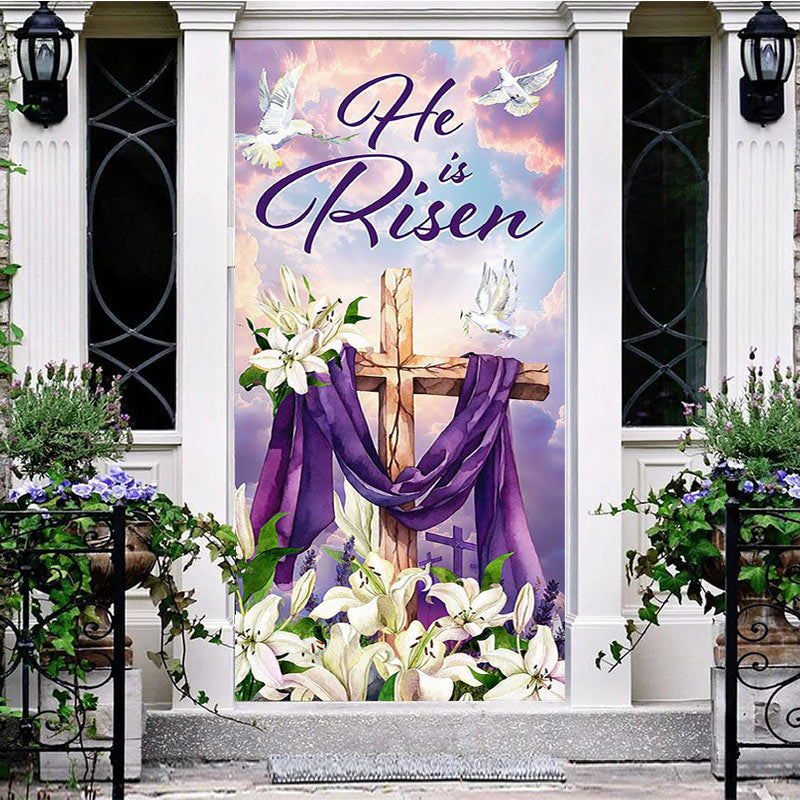 Aperturee - Aperturee White Floral He Is Risen Cross Easter Door Cover