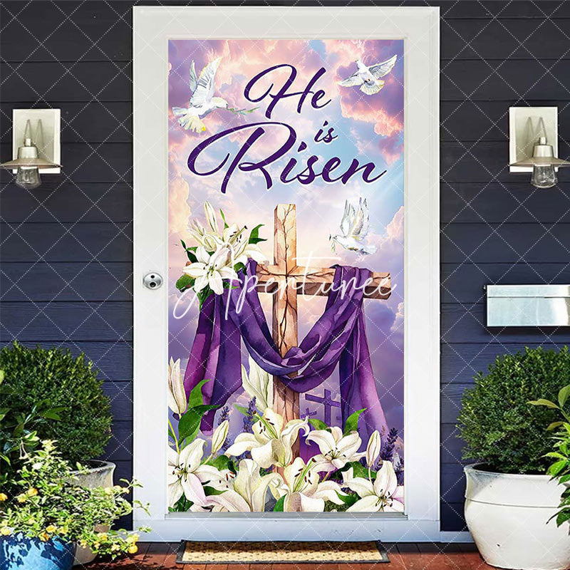 Aperturee - Aperturee White Floral He Is Risen Cross Easter Door Cover