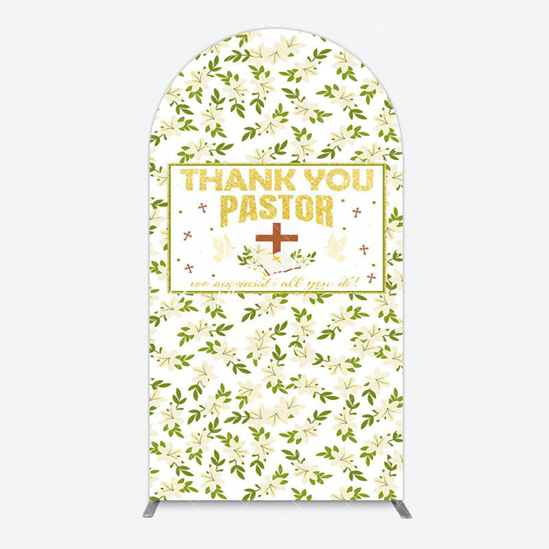 Aperturee - Aperturee White Floral Leaves Thank You Pastor Arch Backdrop