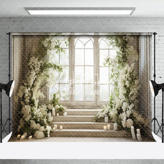 Aperturee - Aperturee White Floral Plant Window Wedding Room Set Backdrop