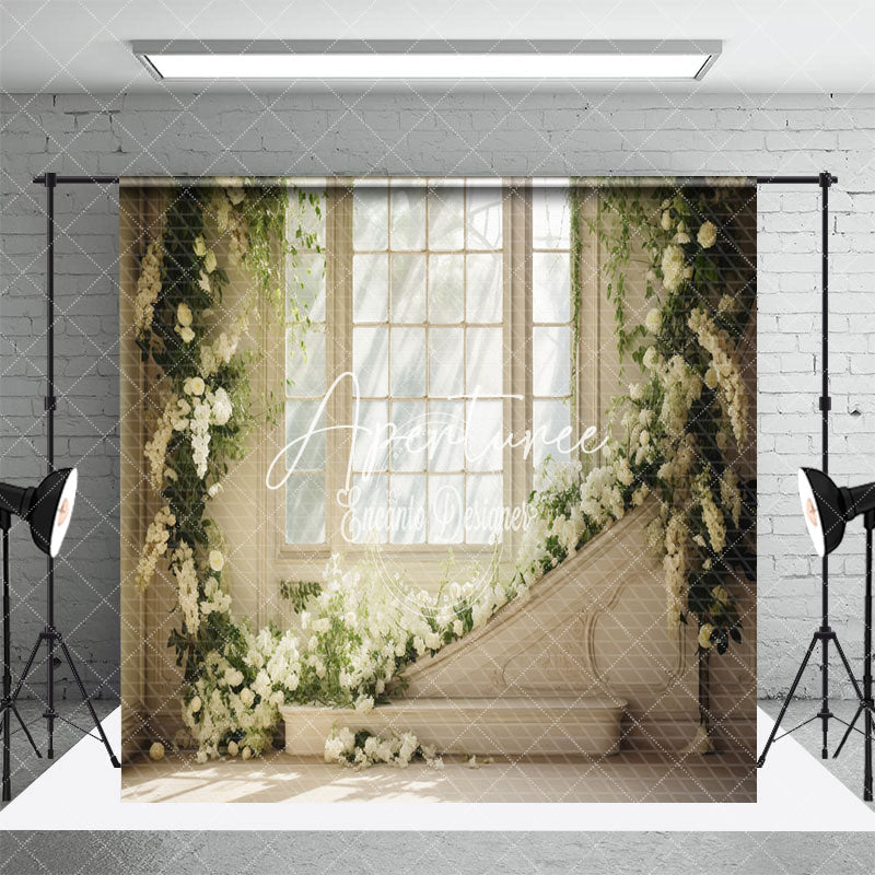 Aperturee - Aperturee White Floral Plant Window Wedding Room Set Backdrop