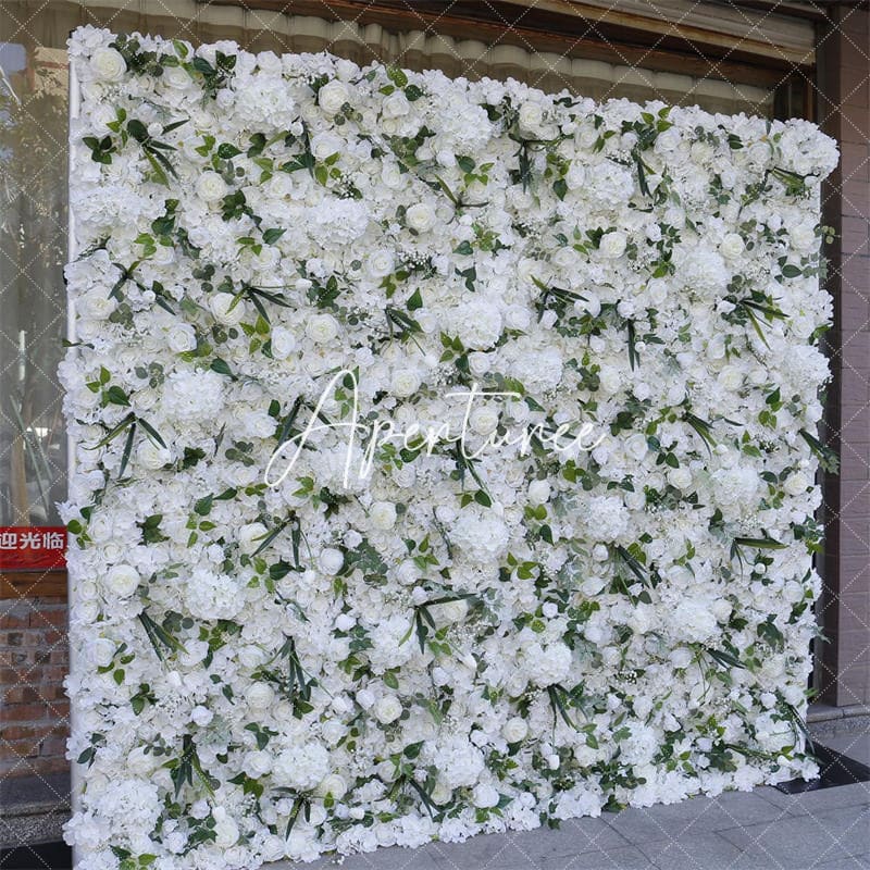 Aperturee - Aperturee White Flower Green Leaves Artificial Wall Backdrop