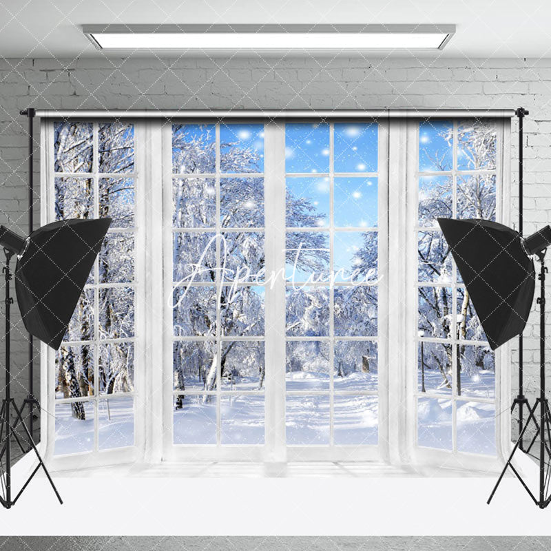 Aperturee - Aperturee White French Window Outside Snowy Winter Backdrop