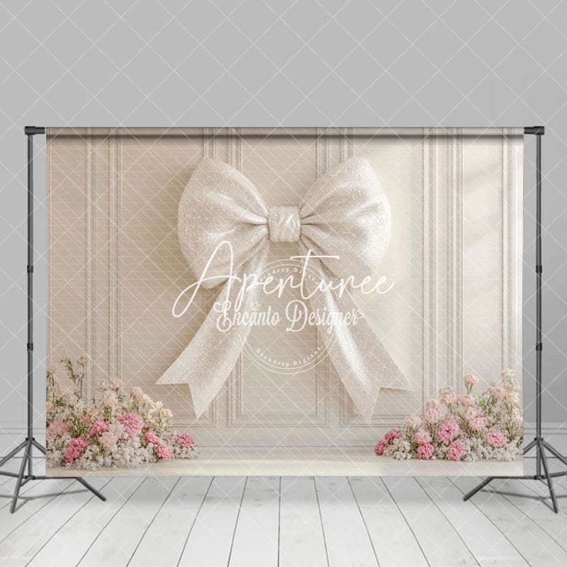 Aperturee - Aperturee White Glitter Bow Tie Floral Wedding Photo Backdrop