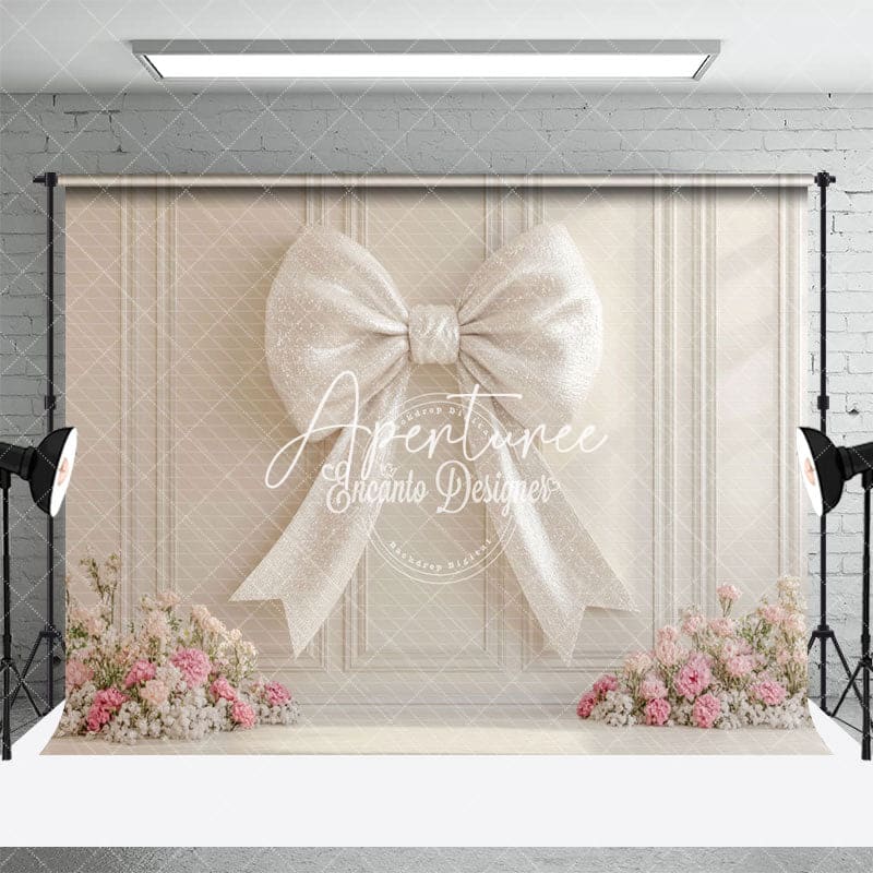 Aperturee - Aperturee White Glitter Bow Tie Floral Wedding Photo Backdrop