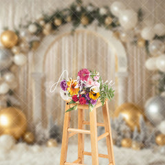 Aperturee - Aperturee White Gold Balloons Arch Leaves Christmas Backdrop