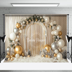 Aperturee - Aperturee White Gold Balloons Arch Leaves Christmas Backdrop